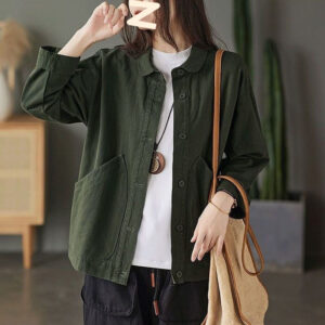 retro twill cotton large pocket single breasted loose casual top