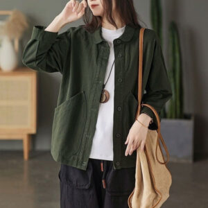 retro twill cotton large pocket single breasted loose casual top