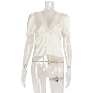 fashion v neck lace stitching lace up slimming short sleeve