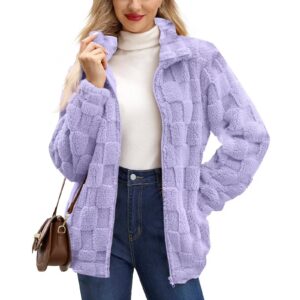 women's zipped stand collar loose jacquard square plaid plush coat