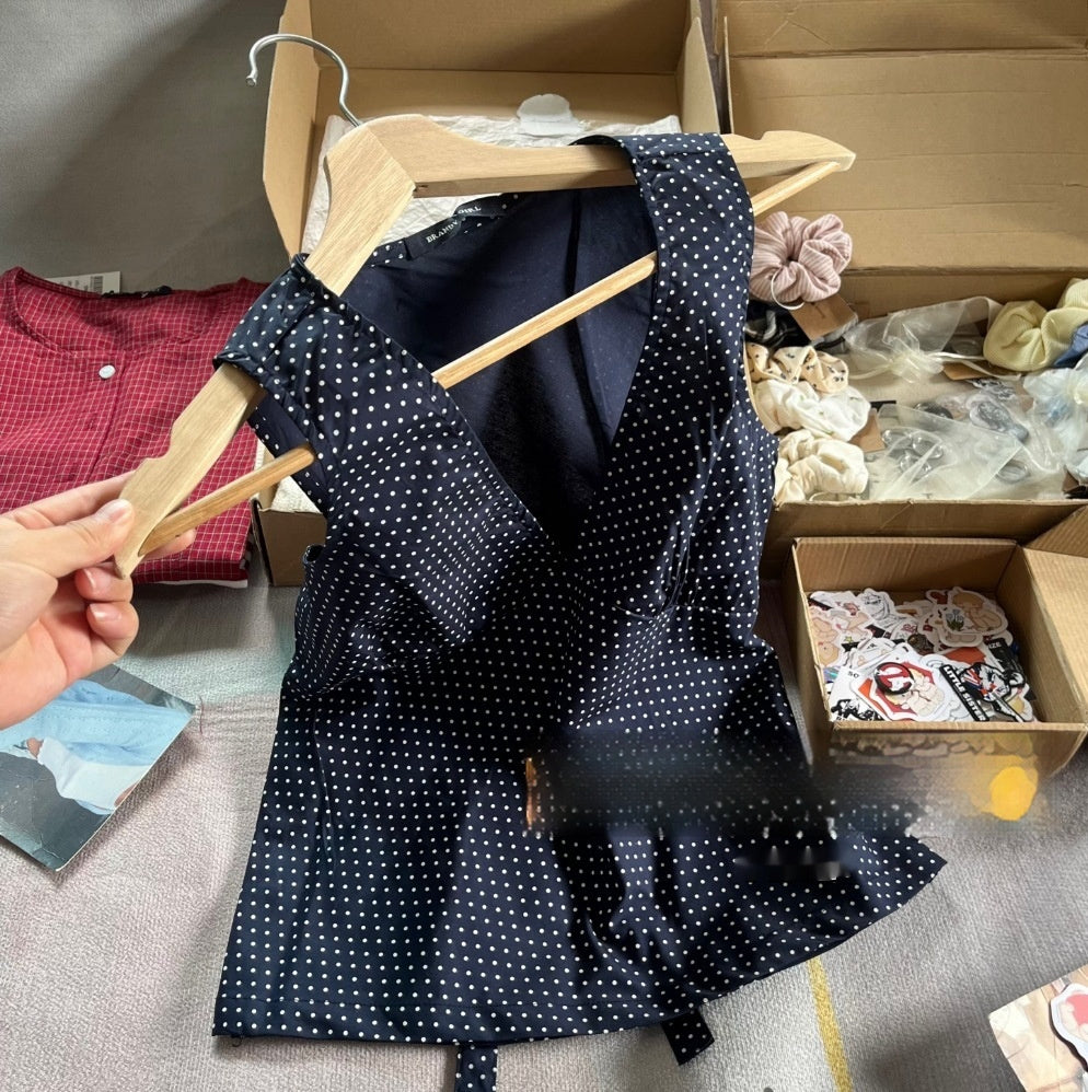 navy blue polka dot v neck tight waist outerwear top navy blue polka dot v neck tight waist outerwear top