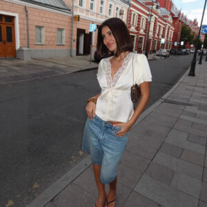 fashion v neck lace stitching lace up slimming short sleeve