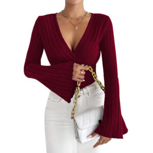 v neck flared sleeve wine red t shirt slim fitting base layer top