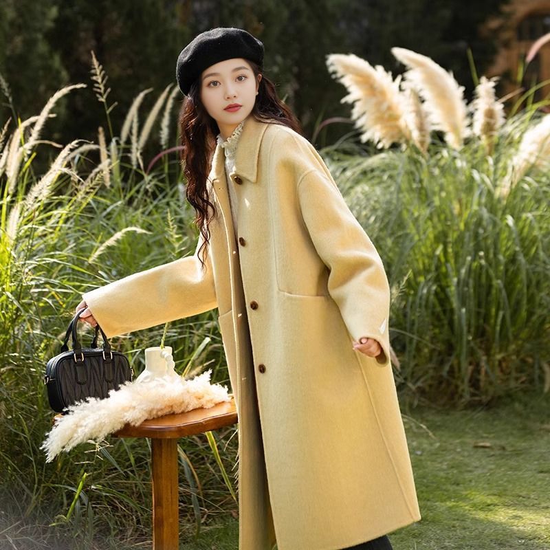loose fit, turn down collar, double faced wool coat, mid length style loose fit, turn down collar, double faced wool coat, mid length style