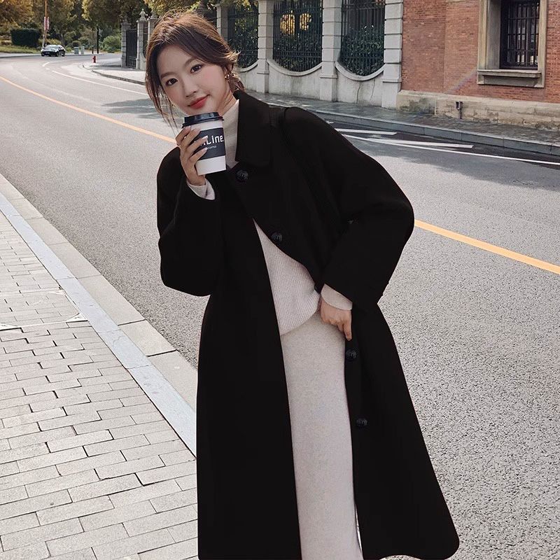 loose fit, turn down collar, double faced wool coat, mid length style loose fit, turn down collar, double faced wool coat, mid length style