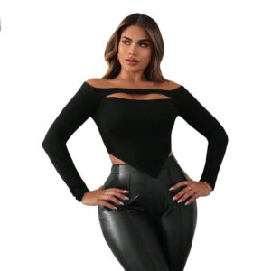 women's fashion design t shirt autumn and winter off shoulder slim fit versatile crop top