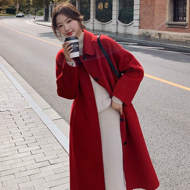 loose fit, turn down collar, double faced wool coat, mid length style loose fit, turn down collar, double faced wool coat, mid length style