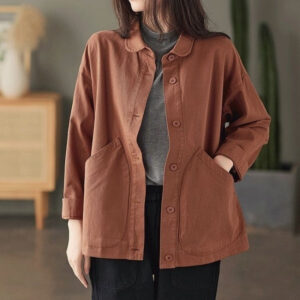 retro twill cotton large pocket single breasted loose casual top