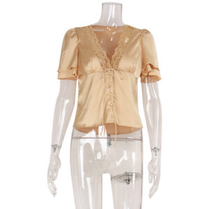 fashion v neck lace stitching lace up slimming short sleeve