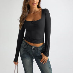 women's minimalist pure desire style u neck t shirt autumn and winter tight fitting figure flattering base top