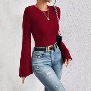 round neck flared sleeve wine red t shirt versatile commuting top