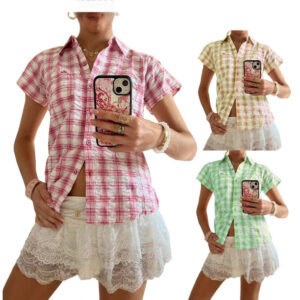 women's short sleeved plaid shirt niche loose all matching