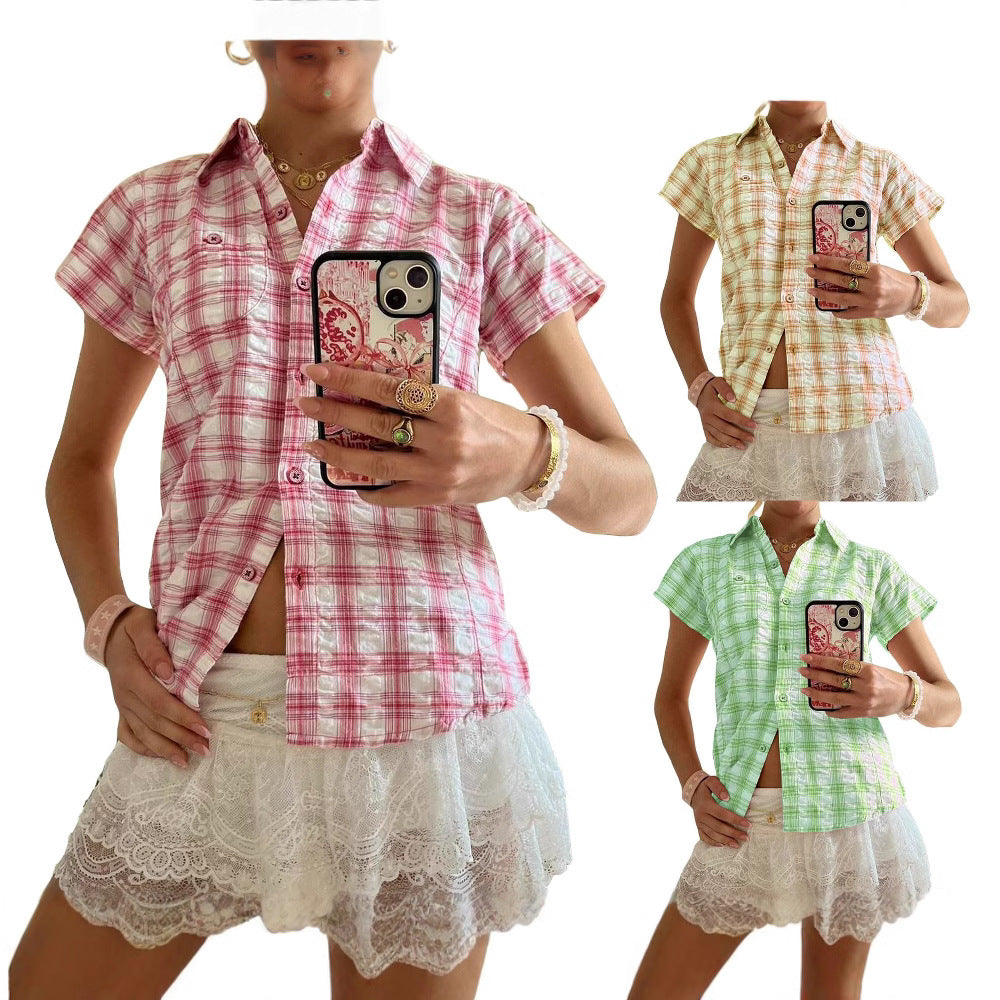 women's short sleeved plaid shirt niche loose all matching women's short sleeved plaid shirt niche loose all matching