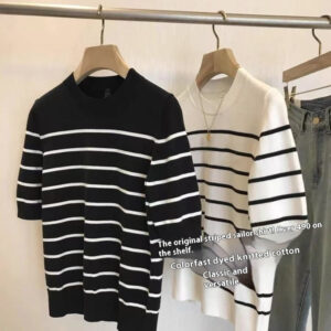 women's striped knitted short sleeve round neck