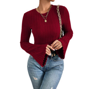 round neck flared sleeve wine red t shirt versatile commuting top