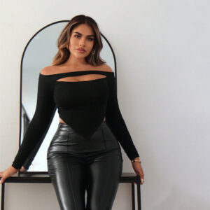 women's fashion design t shirt autumn and winter off shoulder slim fit versatile crop top