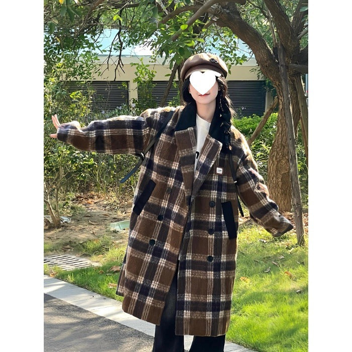 women's korean style plaid coffee woolen overcoat women's korean style plaid coffee woolen overcoat
