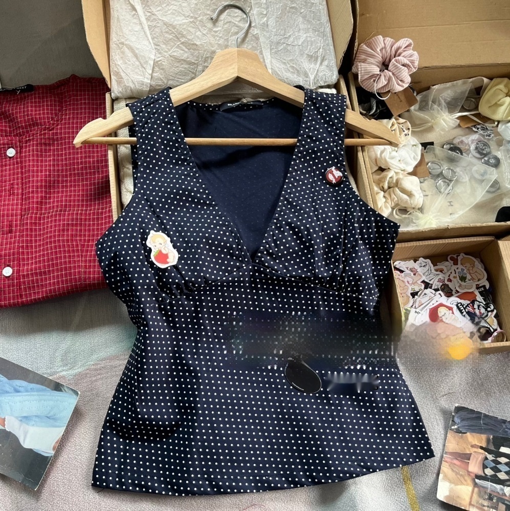 Navy Blue Polka Dot V-neck Tight Waist Outerwear Top 3e0e2b9f 58c2 45ba A705 31dce728bfb7 Trans