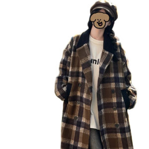 women's korean style plaid coffee woolen overcoat