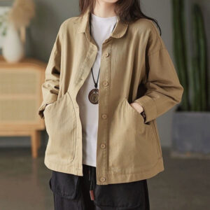 retro twill cotton large pocket single breasted loose casual top