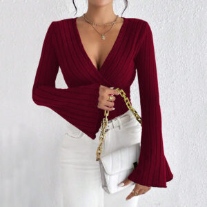 v neck flared sleeve wine red t shirt slim fitting base layer top