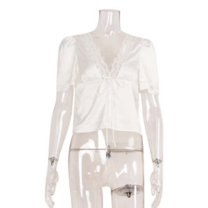 fashion v neck lace stitching lace up slimming short sleeve