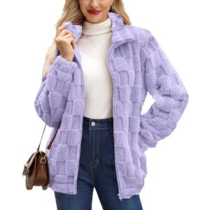 women's zipped stand collar loose jacquard square plaid plush coat