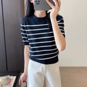 women's striped knitted short sleeve round neck