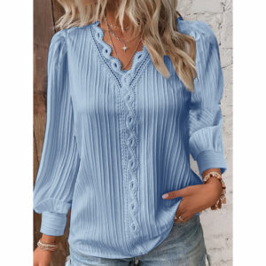 women's lace trim v neck blouse puff long sleeve dressy casual work shirt