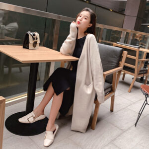mid length sweater women's solid color v neck knitted jacket