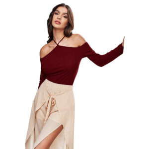 t shirt autumn and winter slim fit halter neck wine red long sleeved top for women