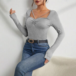 women's minimalist design square neck t shirt slim and versatile autumn and winter base layer