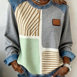 spliced round neck casual long sleeved top