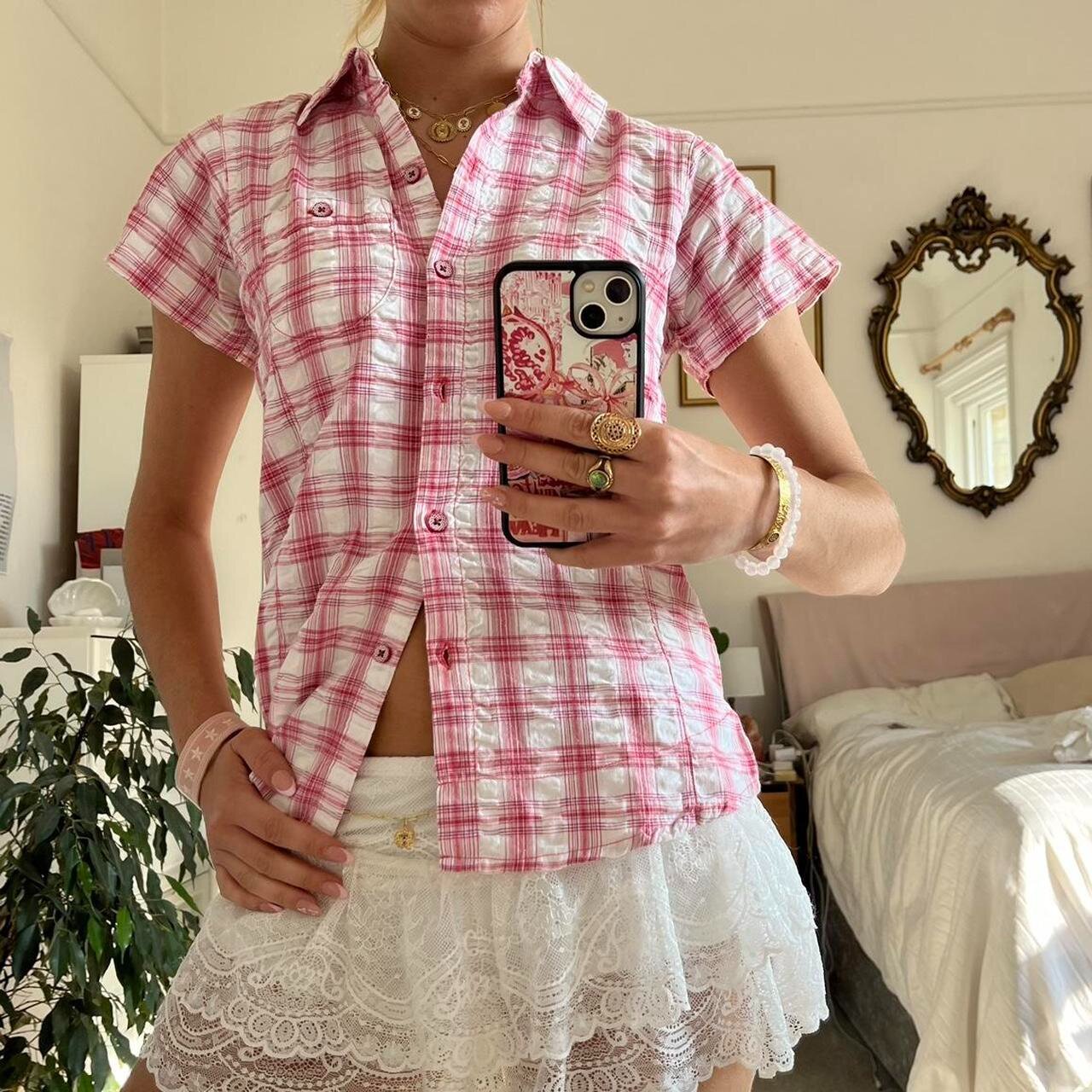 Women's Short-sleeved Plaid Shirt Niche Loose All-matching 65579ccd D868 4343 A9d4 305b5772d771