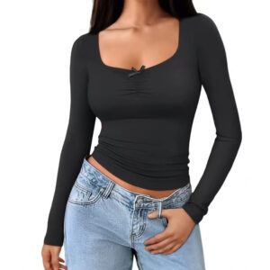 women's minimalist pure desire style u neck t shirt autumn and winter tight fitting figure flattering base top
