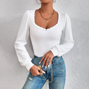 women's v neck puff sleeve slim fit versatile t shirt