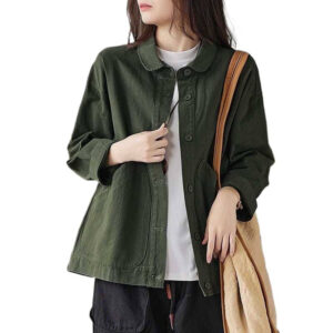 retro twill cotton large pocket single breasted loose casual top