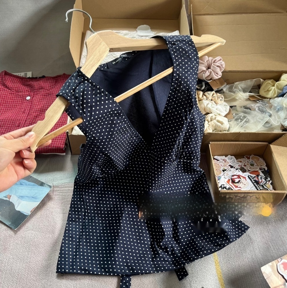 Navy Blue Polka Dot V-neck Tight Waist Outerwear Top 86a49cd2 9721 435d 8ed0 625bbe69c737 Trans