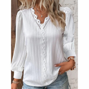 women's lace trim v neck blouse puff long sleeve dressy casual work shirt