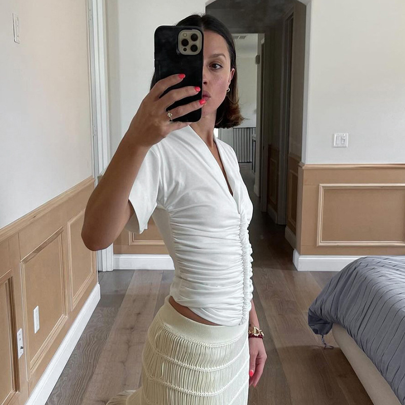 New Solid Color And V-neck Sexy Symmetrical Pleated Short Sleeve O1CN01lhcIX01MJChi2bb3U 2212405231413 0 Cib