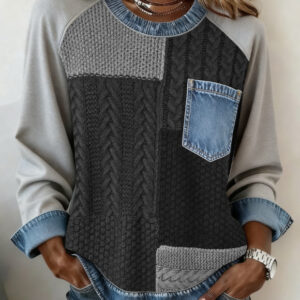 spliced round neck casual long sleeved top