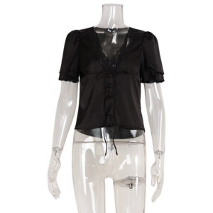 fashion v neck lace stitching lace up slimming short sleeve