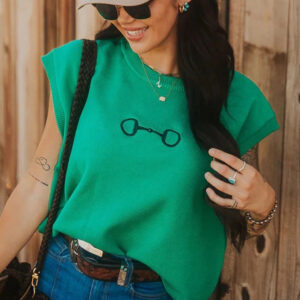 bright green horsebit embroidery loose sweater with short sleeves
