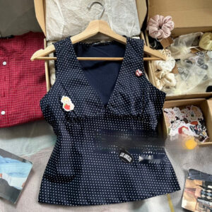 navy blue polka dot v neck tight waist outerwear top