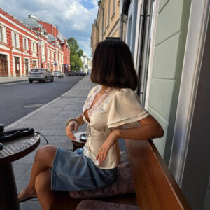 fashion v neck lace stitching lace up slimming short sleeve