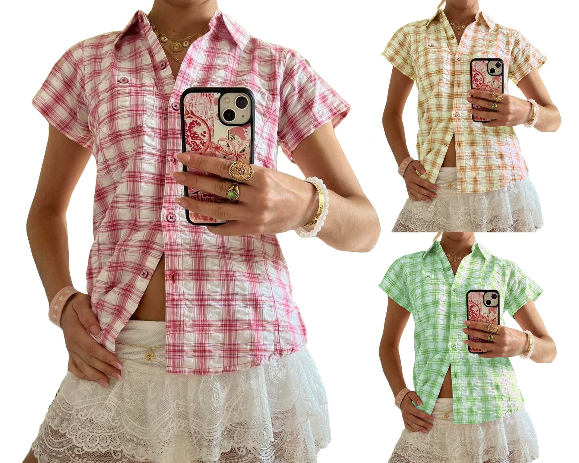 Women's Short-sleeved Plaid Shirt Niche Loose All-matching A96889db 7a87 4206 9089 5411c80ef409