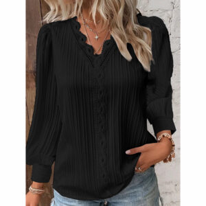 women's lace trim v neck blouse puff long sleeve dressy casual work shirt