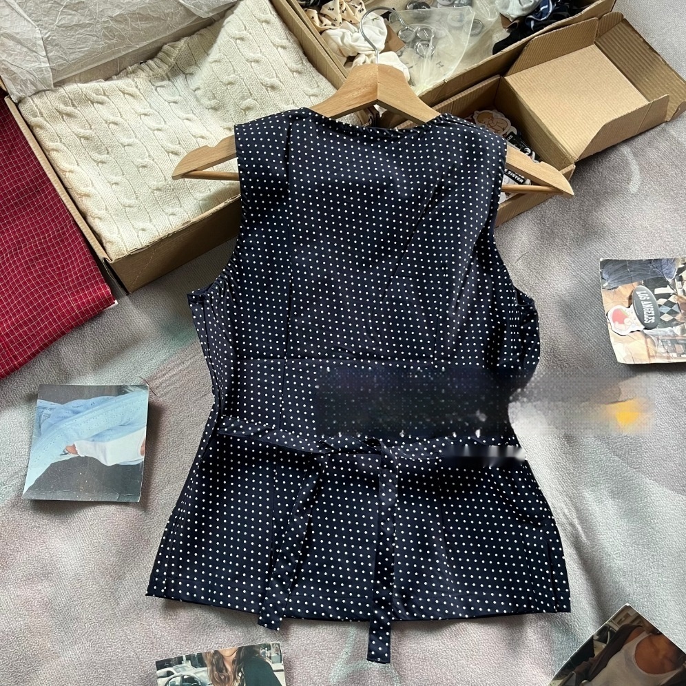 Navy Blue Polka Dot V-neck Tight Waist Outerwear Top B9260c76 E879 4093 9cb2 4e494b1135f2 Trans