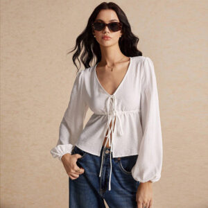 women's simple and elegant style t shirt autumn and winter tie fashion versatile long sleeve cardigan top