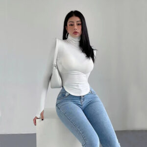 women's pure and sexy style t shirt high neck slim fit figure hugging top for autumn and winter